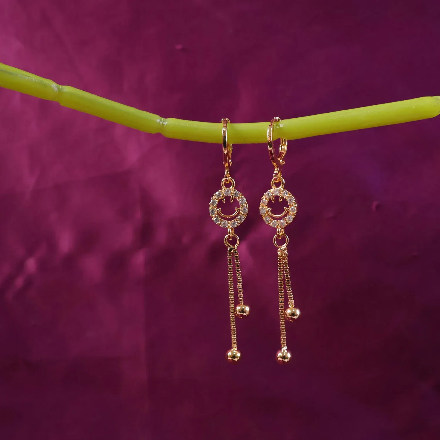 Gold-Tone Smiley Crystal Circle Tassel Drop Earrings for Women - Detailed Feature View 1