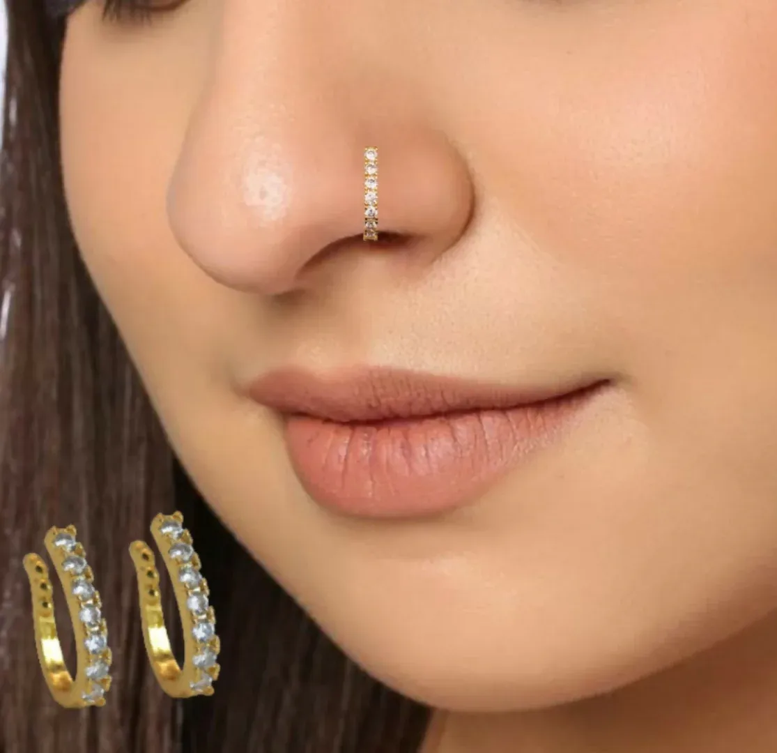 Premium Gold-Plated CZ Lined Nose Ring Pair | Stylish Daily Wear Nosepins - Buy Online at Alikart