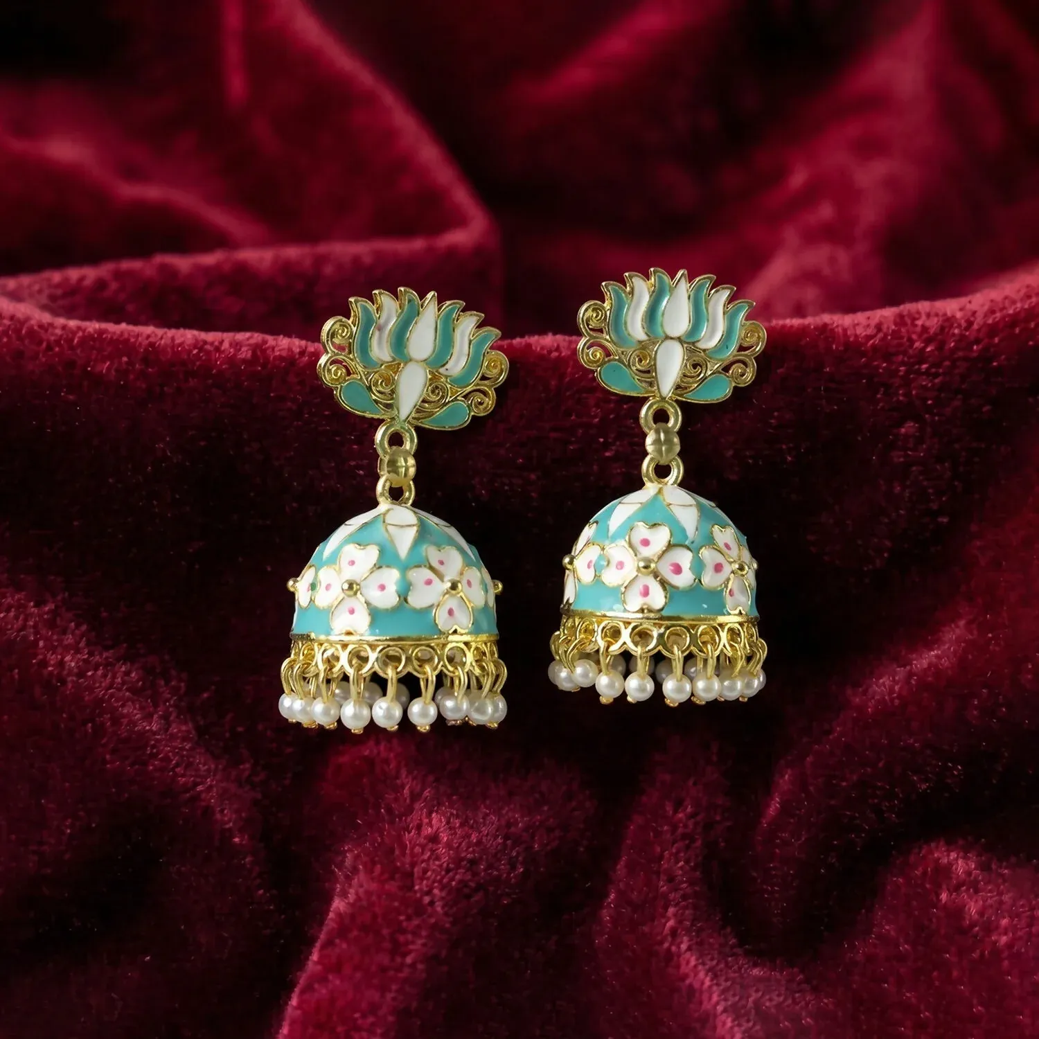 Sea Pista Lotus Jhumka Earrings with Pearl Hanging for Women - Detailed Feature View 5