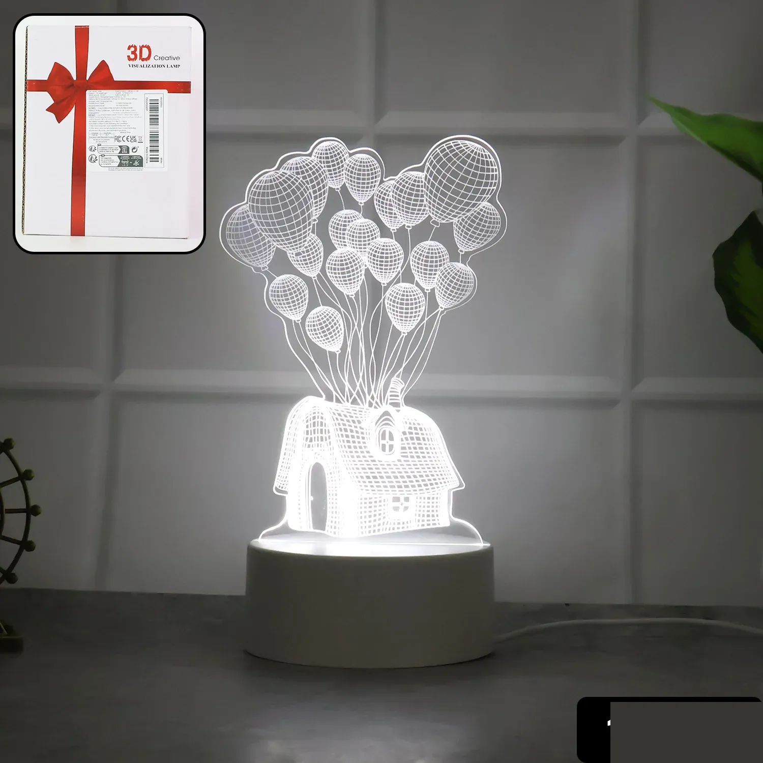 3D Illusion LED Night Lamp with House & Balloons Design - Detailed Feature View 1