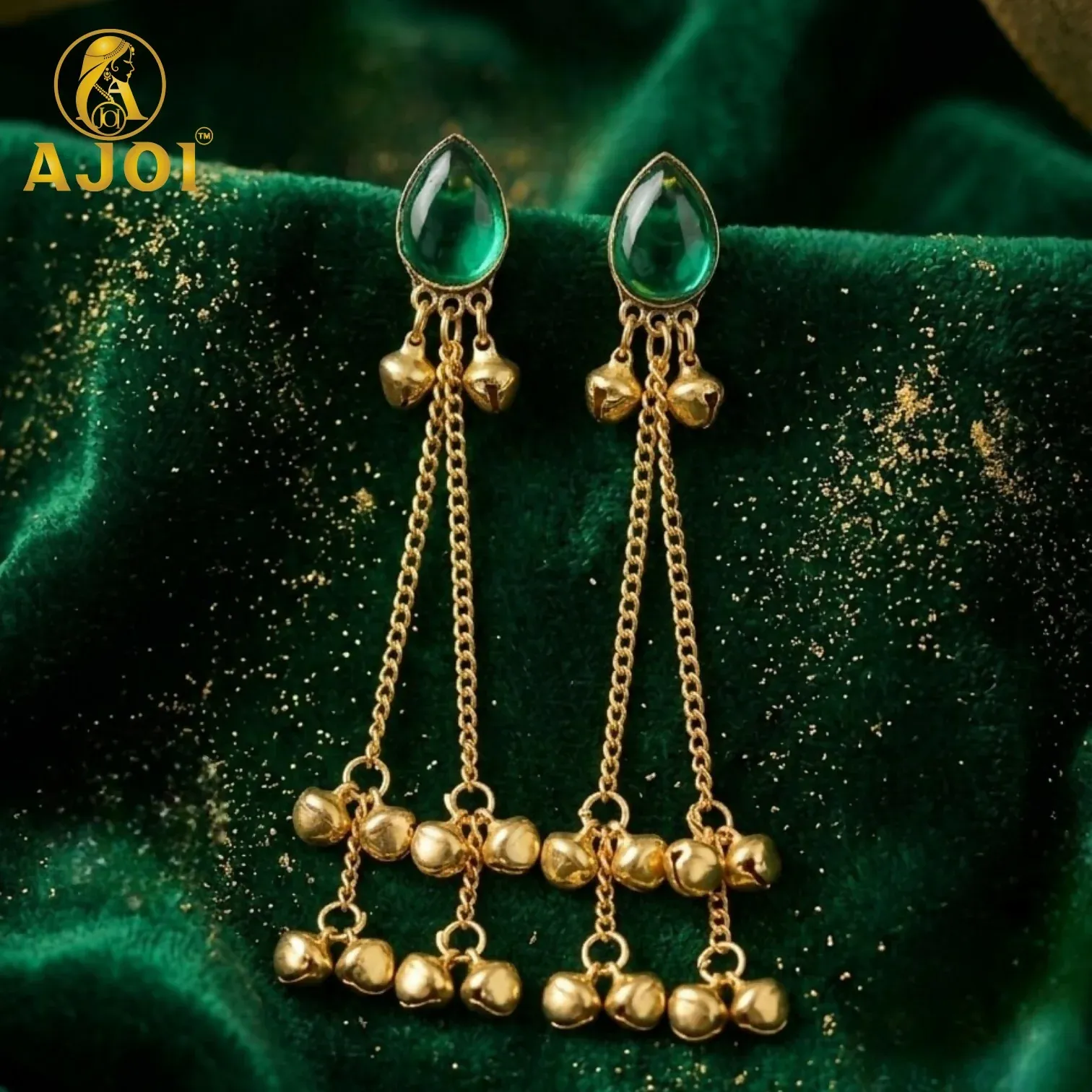 Elegant Green Stone Gold Plated Chain Drop Earrings with Ghungroo Bells - Detailed Feature View 2