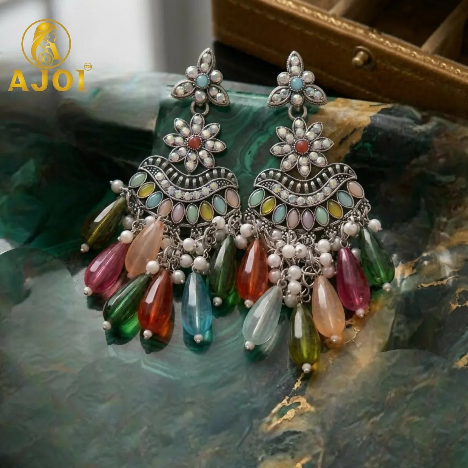 Oxidized Floral Earrings with Multicolor Drop Beads & Pearl Tassels - Detailed Feature View 2