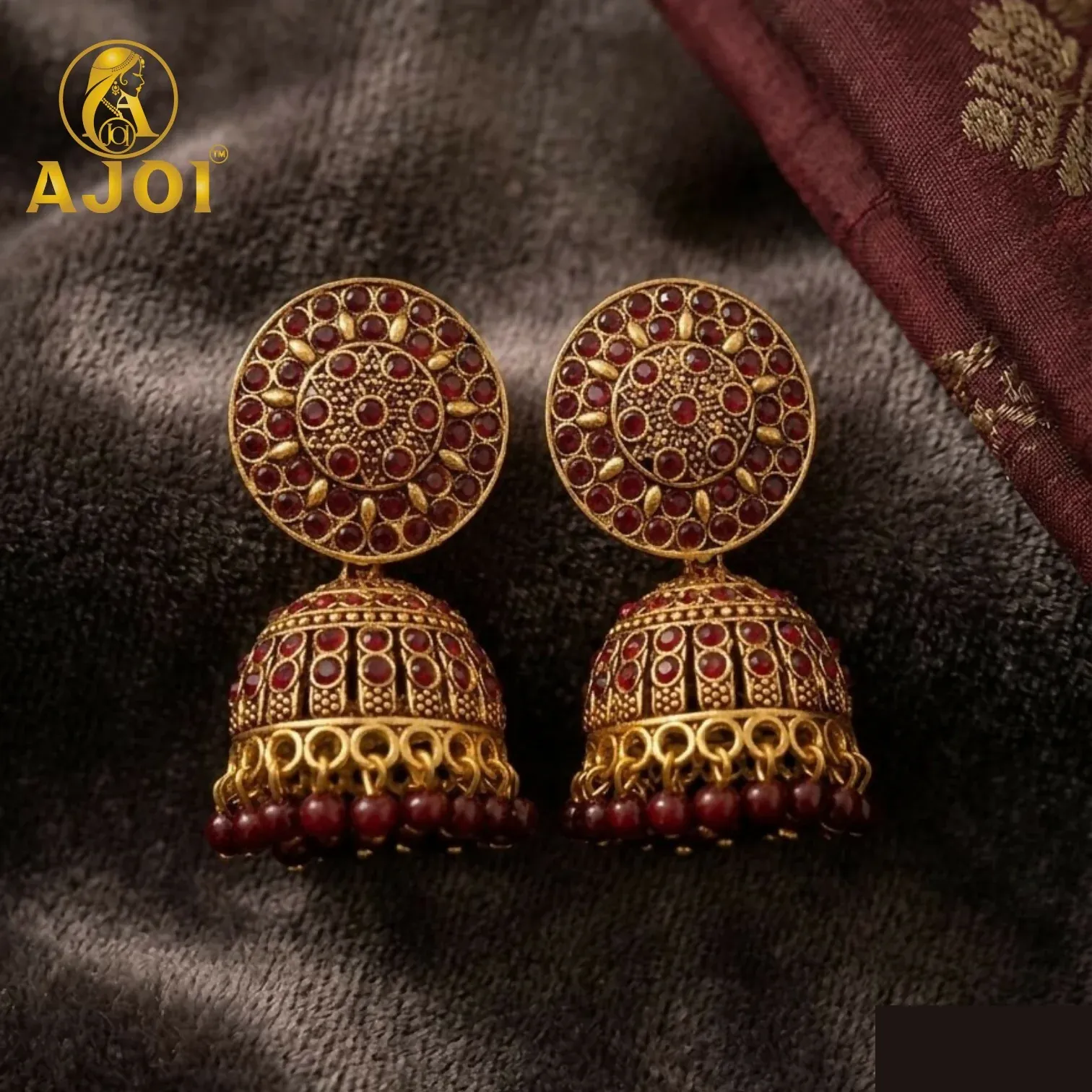 Antique Gold Maroon Stone Jhumka Earrings Traditional Ethnic Design - Detailed Feature View 3