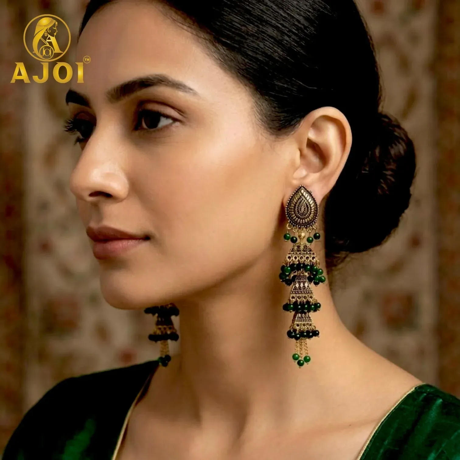 Antique Gold Oxidised Layered Triple Jhumka Earrings with Green Bead Tassel Drops - Detailed Feature View 1