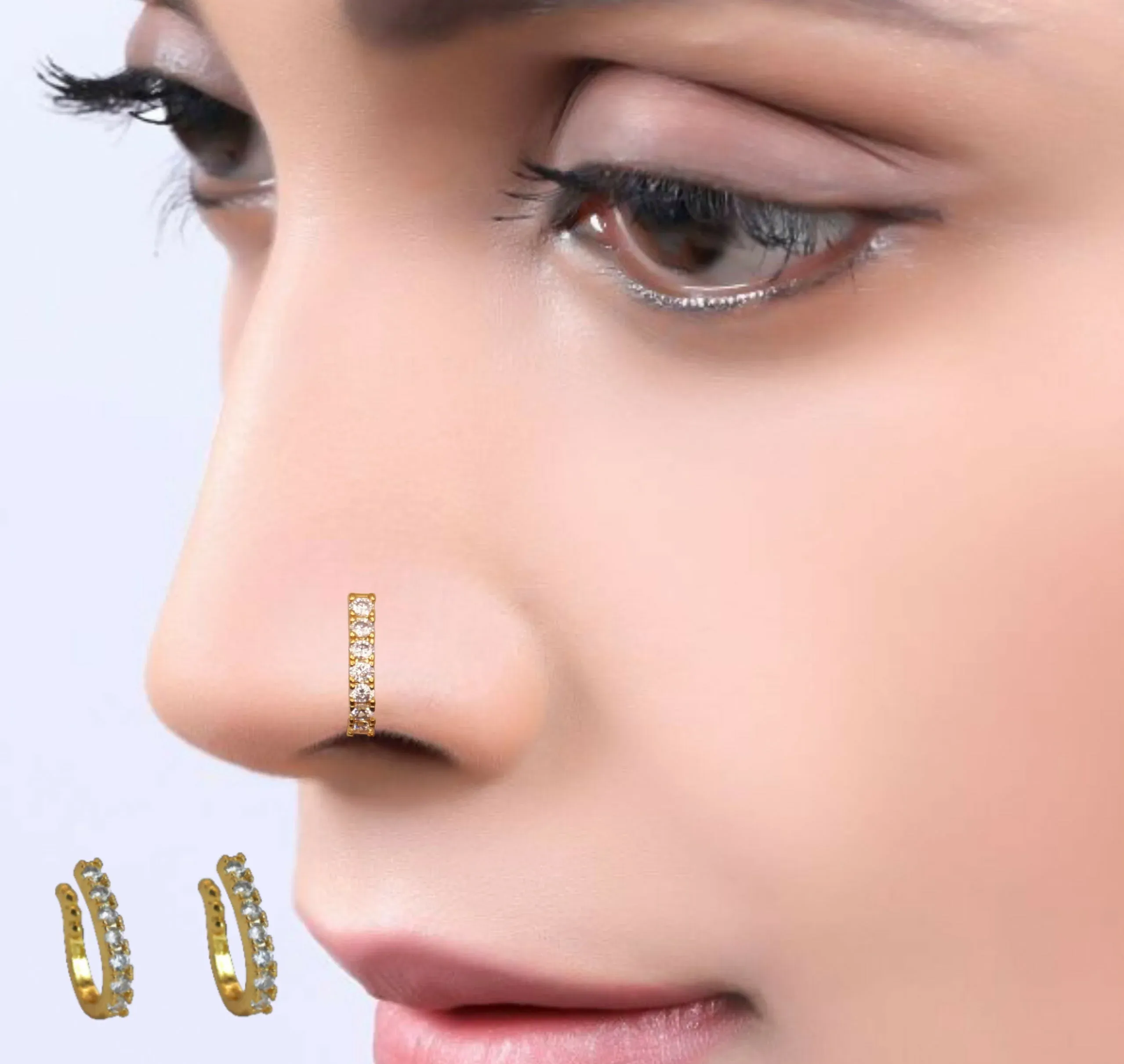 Gold-Plated CZ Lined Nose Ring Pair | Stylish Daily Wear Nosepins - Detailed Feature View 4