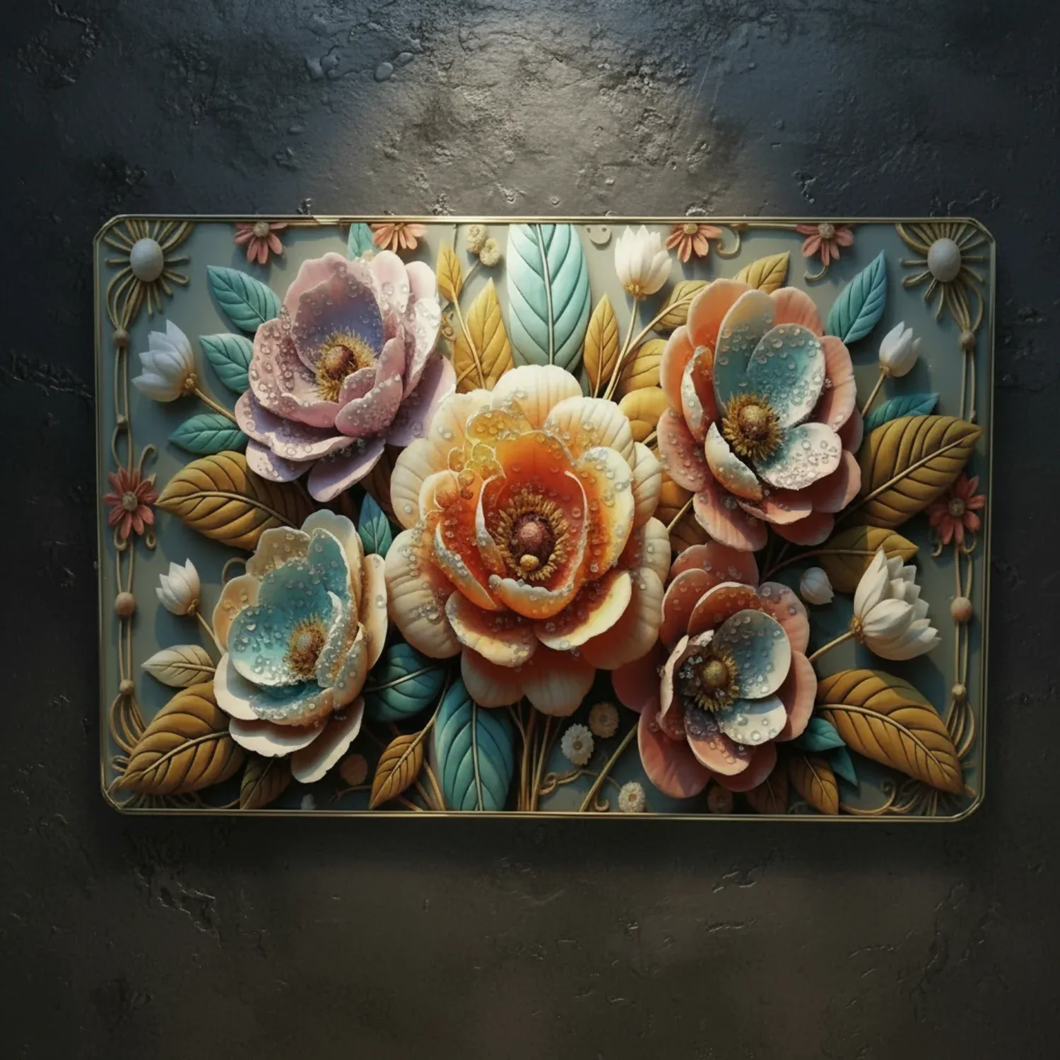 Premium 3D Floral Wall Art Panel – Luxury Golden Frame Home Decor - Detailed Feature View 4