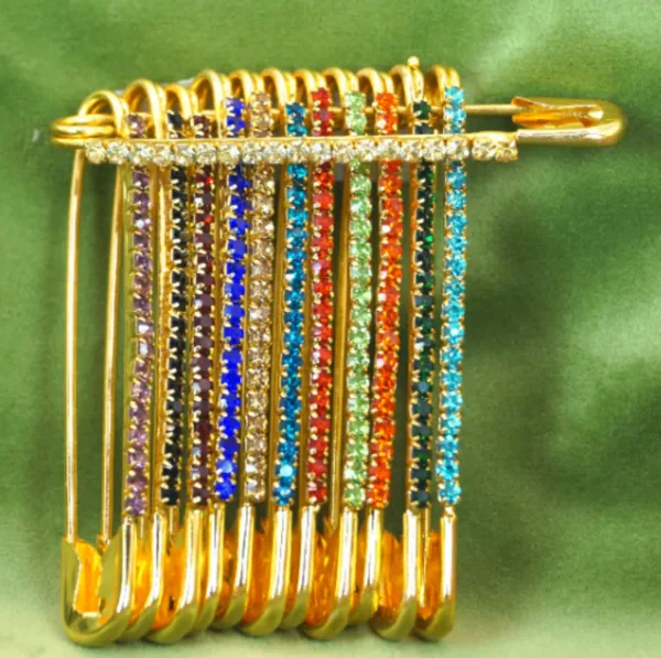 Gold Crystal Safety Pin Brooch – Fan Design Diamond Effect Scarf Clip