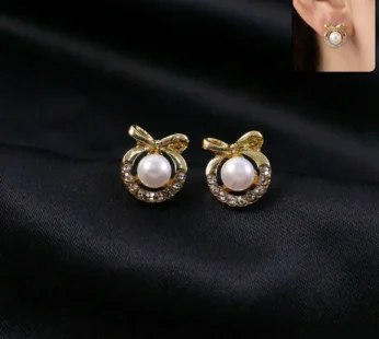 Korean Royal Bow-Knot Crystal Halo Pearl Studs For Girls And Women