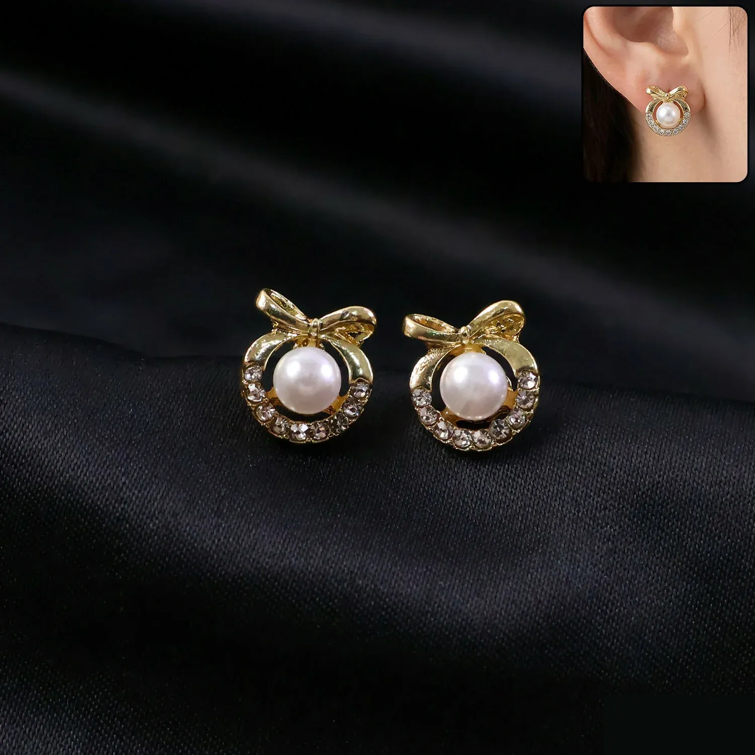 Premium Korean Royal Bow-Knot Crystal Halo Pearl Studs For Girls And Women - Buy Online at Alikart