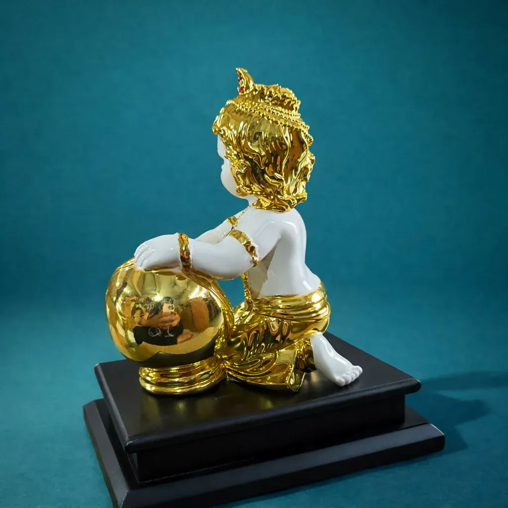 Bal Krishna Idol with Golden Butter Pot for Home Temple Décor - Detailed Feature View 3