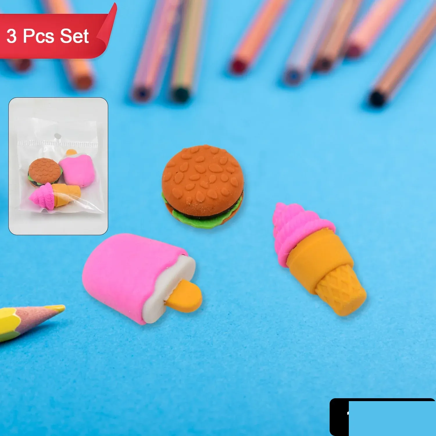 Fancy Erasers – Colourful 3 Pc Set for Kids School Supplies | Writezo - Detailed Feature View 1