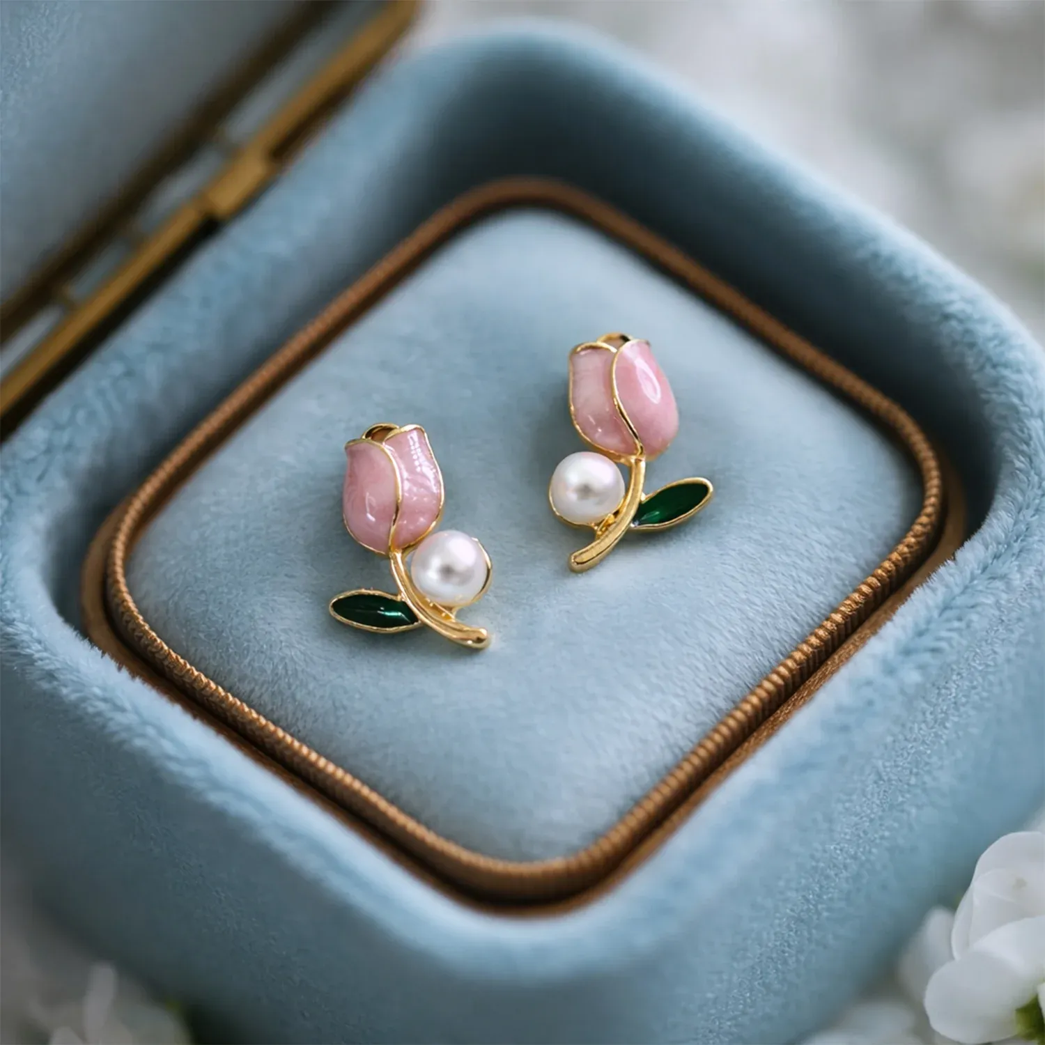 Pink Tulip Pearl Stud Earrings - Gold Plated Floral Jewelry for Women - Detailed Feature View 1