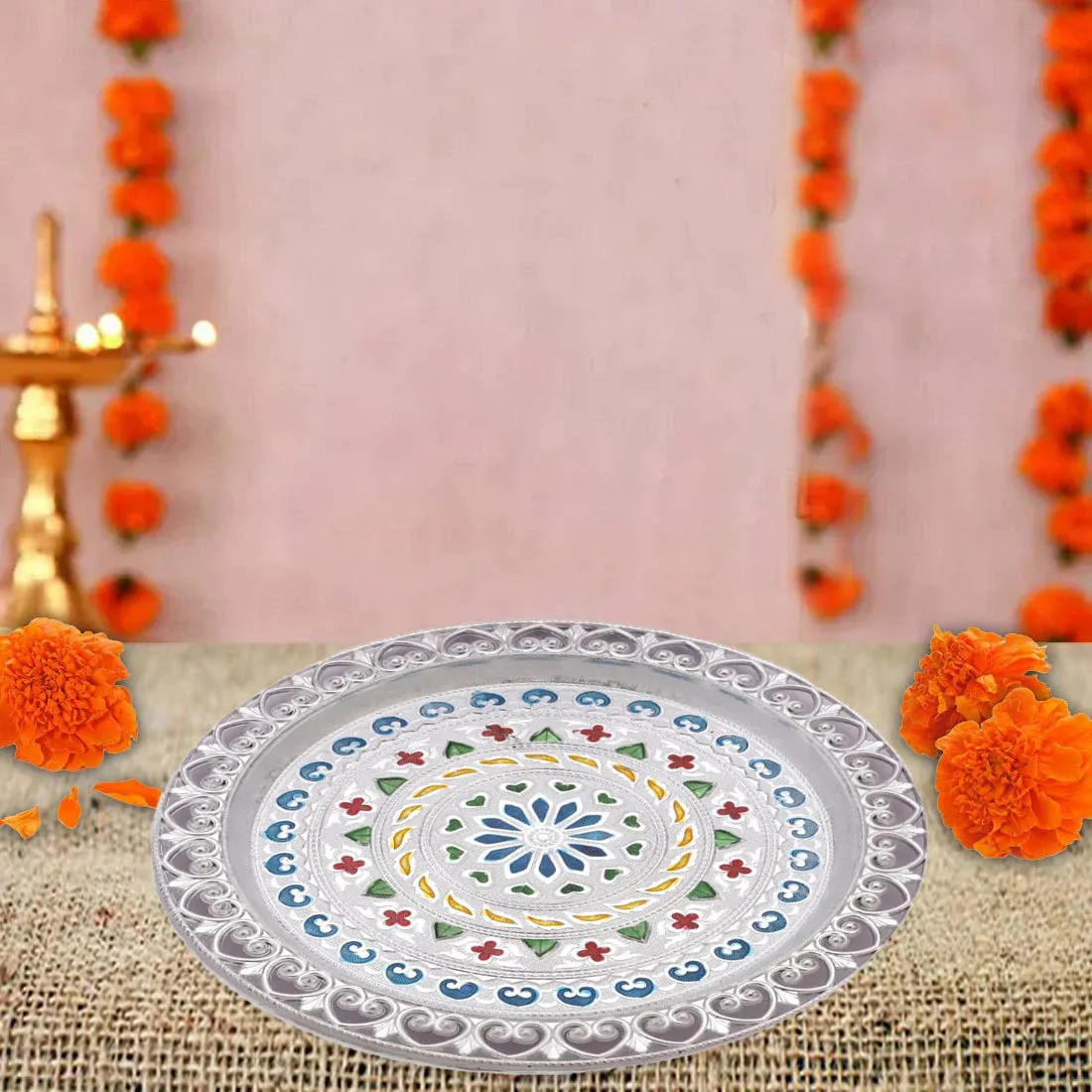 Silver Plated Pooja Thali – Festive & Worship Decor | Indo Glow - Detailed Feature View 4