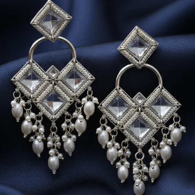 Antique Silver-Toned Floral Kundan Chandbali Jhumka Earrings with Seed Pearl Clusters - Detailed Feature View 2