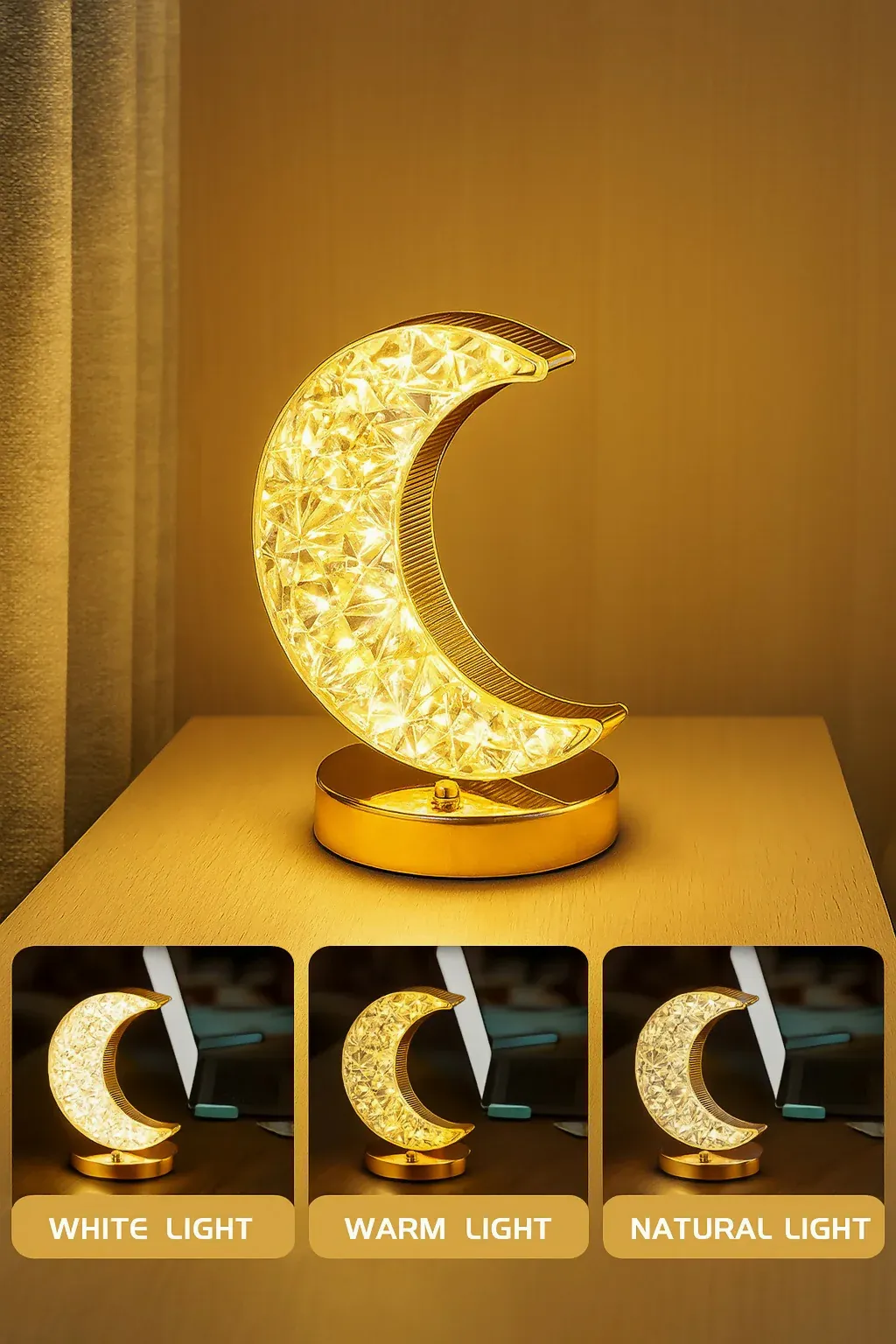 Golden Crystal LED Moon Lamp – 3 Color Modes (White, Warm & Natural Light) – Elegant Crescent Night Light for Bedroom, Table Decor, or Gift – USB Rechargeable Touch Control Moonlight Lamp - Detailed Feature View 3