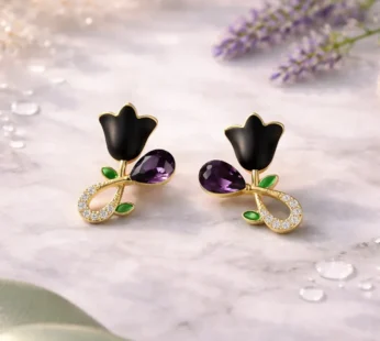 Elegant Black Floral Gold Plated Stud Earrings with Crystal Detail