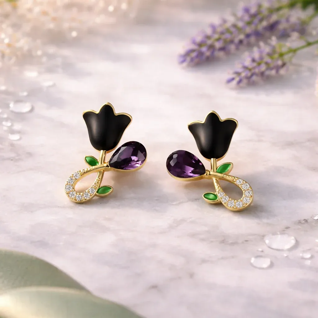 Premium Elegant Black Floral Gold Plated Stud Earrings with Crystal Detail - Buy Online at Alikart
