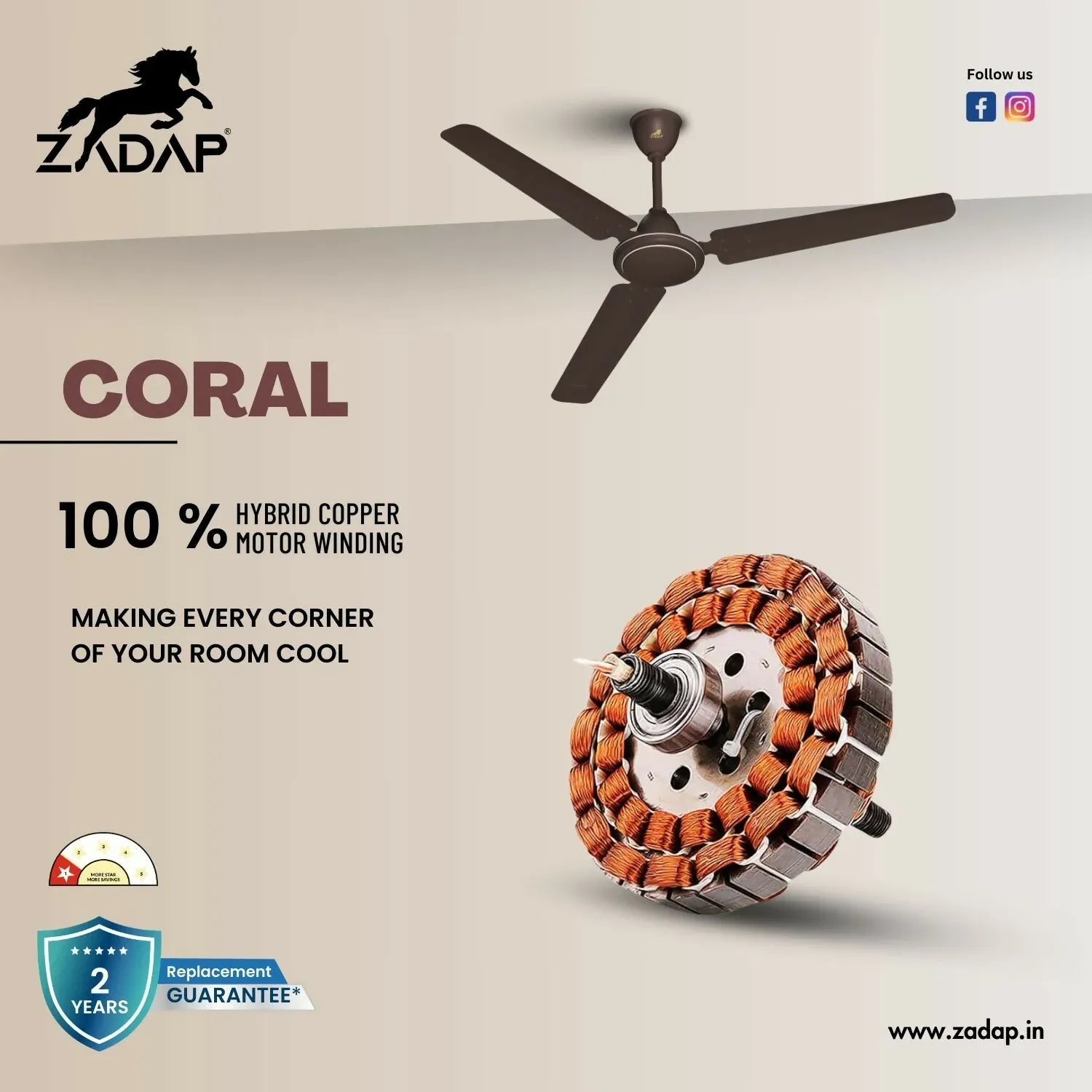 ZADAP Coral 1200mm 52W High Speed Silent Ceiling Fan - Smoke Brown - Detailed Feature View 6