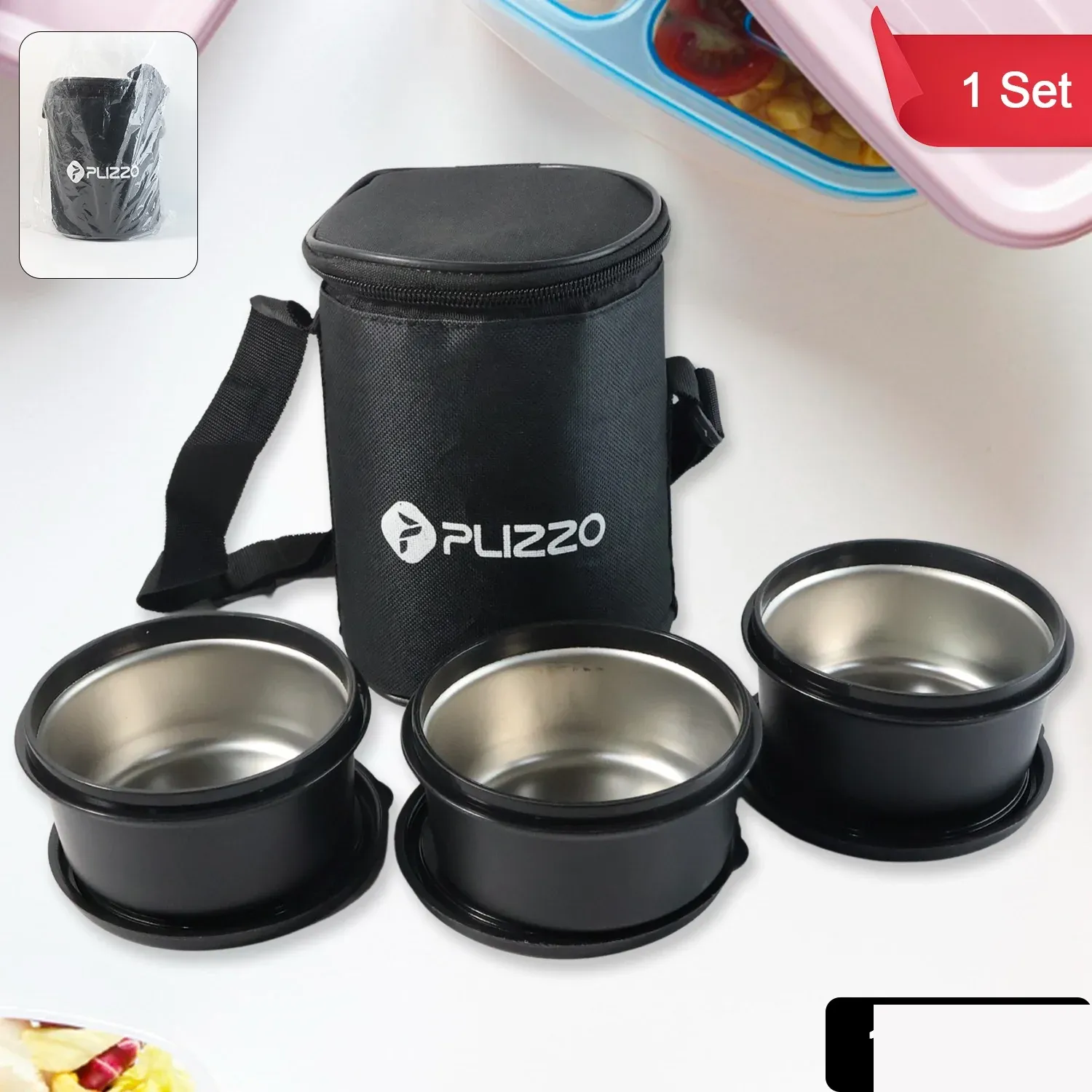 Insulated Stainless Steel Tiffin Lunch Box – 3 Containers with Carry Bag - Detailed Feature View 1