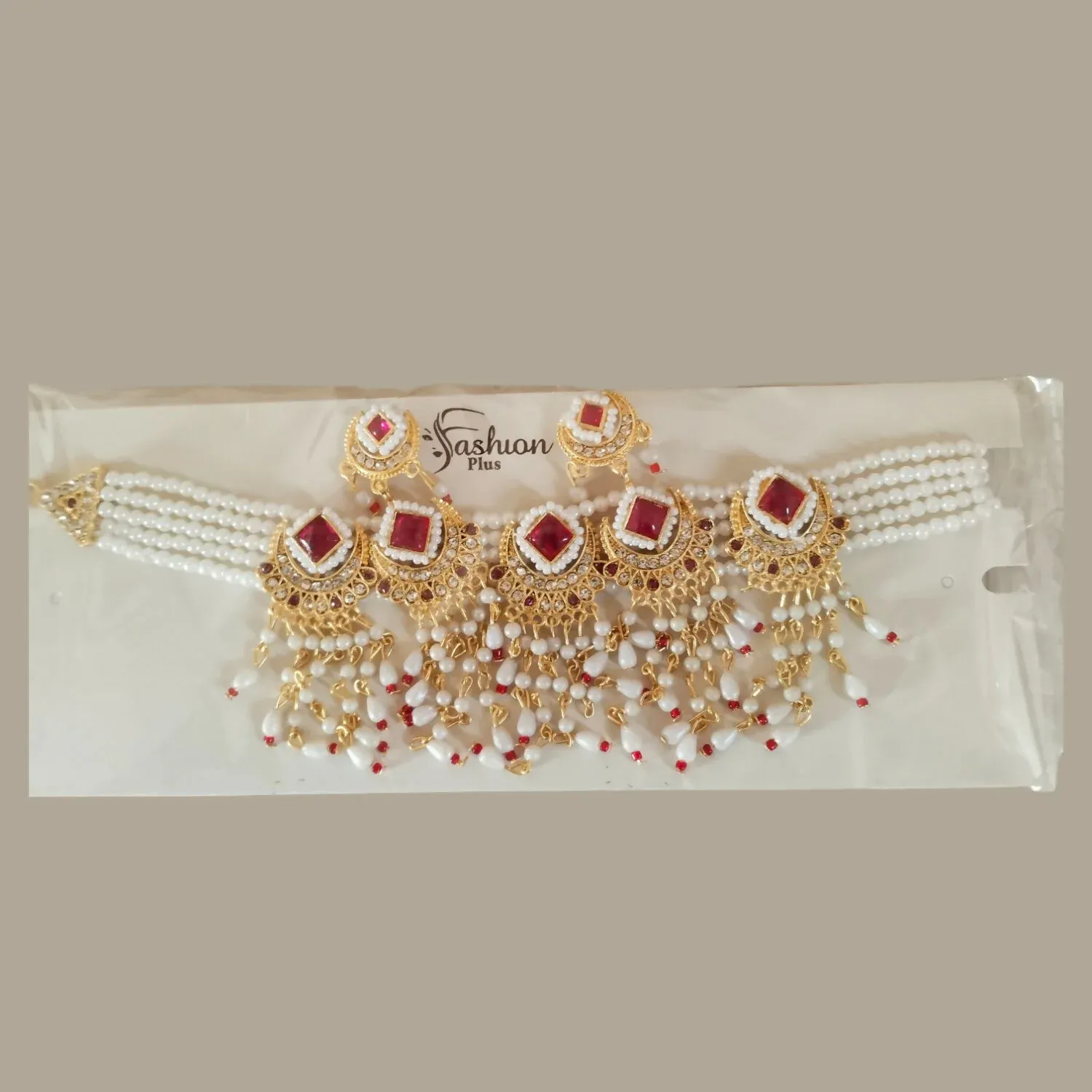 Radiant Ruby & Pearl Chandbali Choker Set with Matching Statement Earrings - Detailed Feature View 3
