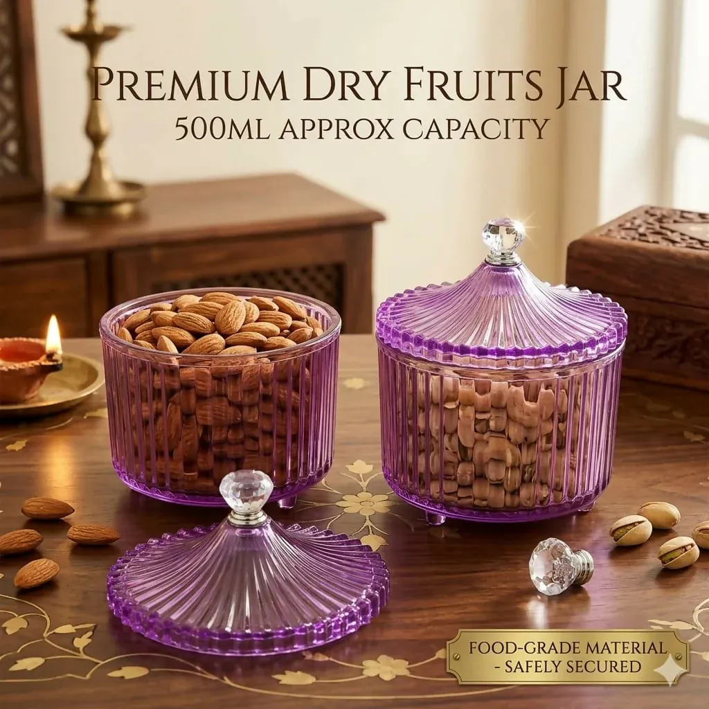 Diamond Crystal Cut 500ml Dry Fruit Jar Set of 2 with Airtight Royal Lid - Detailed Feature View 1