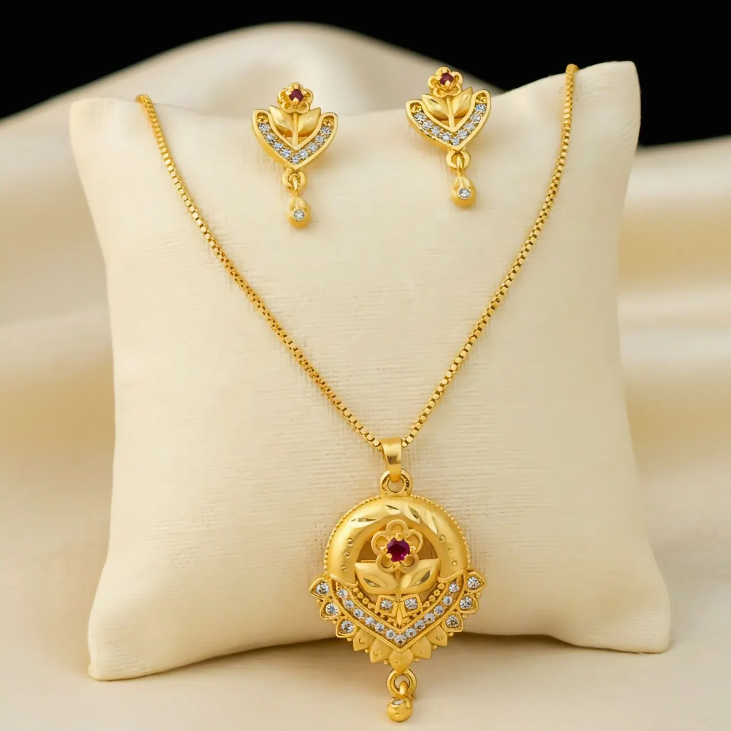 Premium Elegant Gold-Plated Floral Bloom Jewelry Set: Pendant, Chain, and Earrings, popular pendant set - Buy Online at Alikart