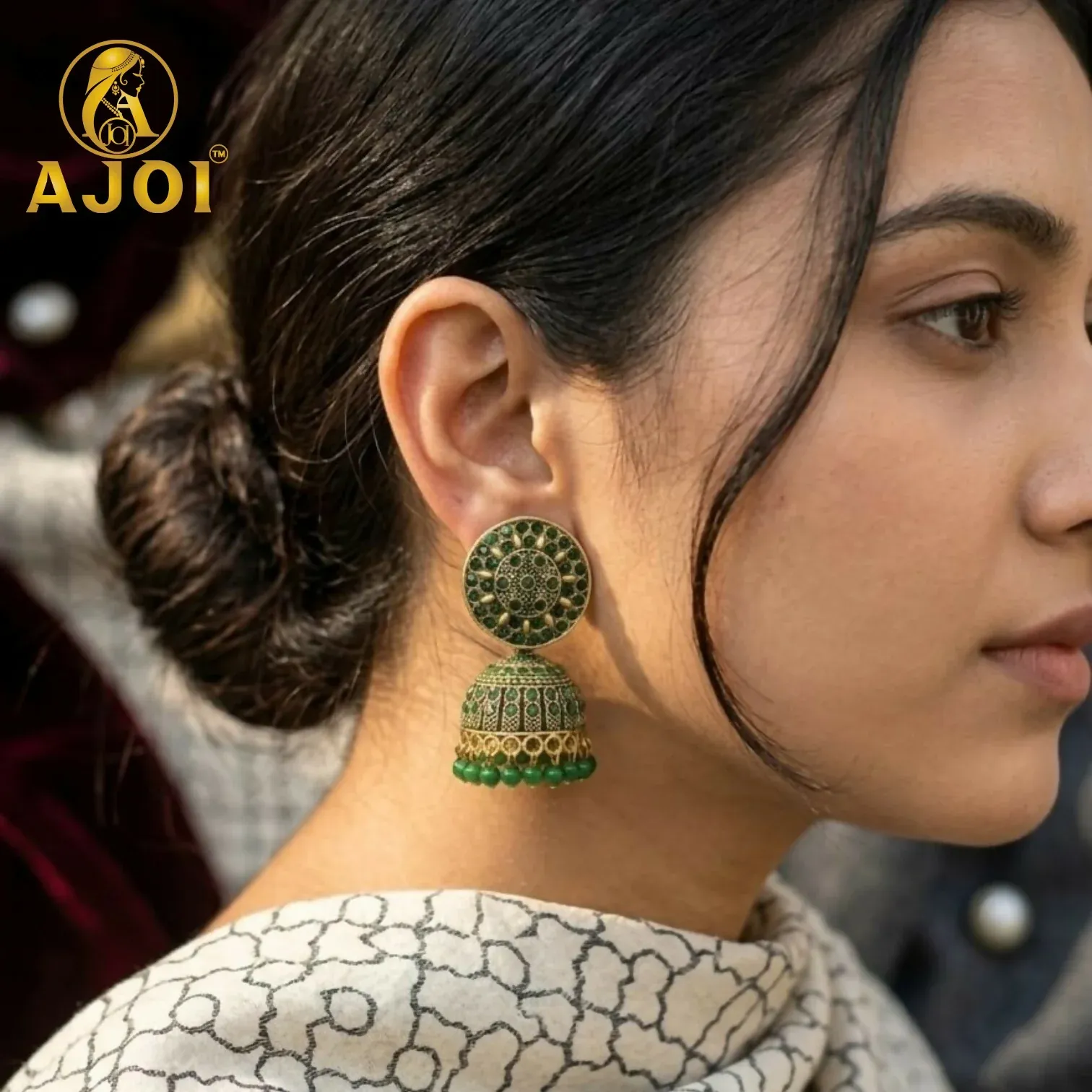 Antique Gold Green Stone Jhumka Earrings Traditional Ethnic Jewelry - Detailed Feature View 1