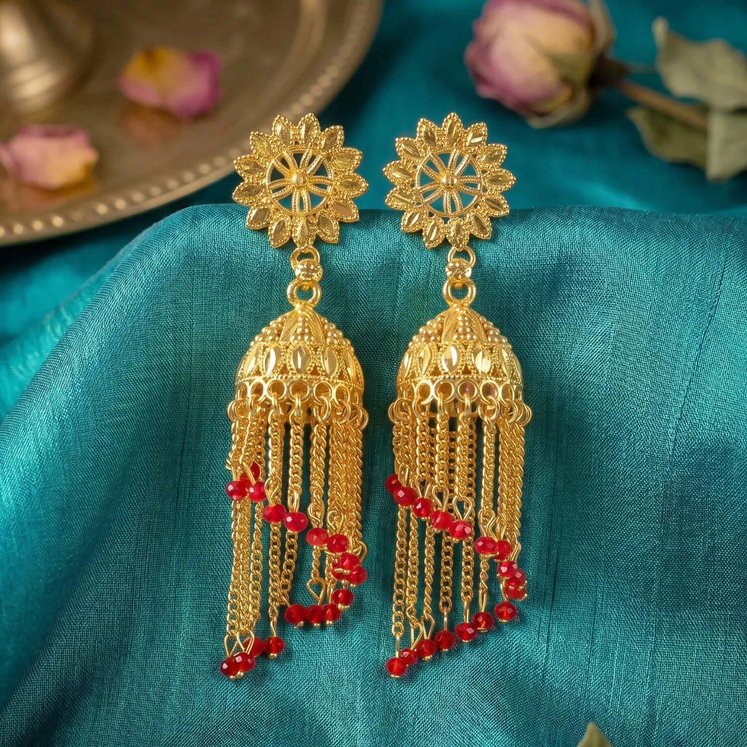 Vintage Gold-Plated Jhumka Earrings with Pearl Accents - Detailed Feature View 1