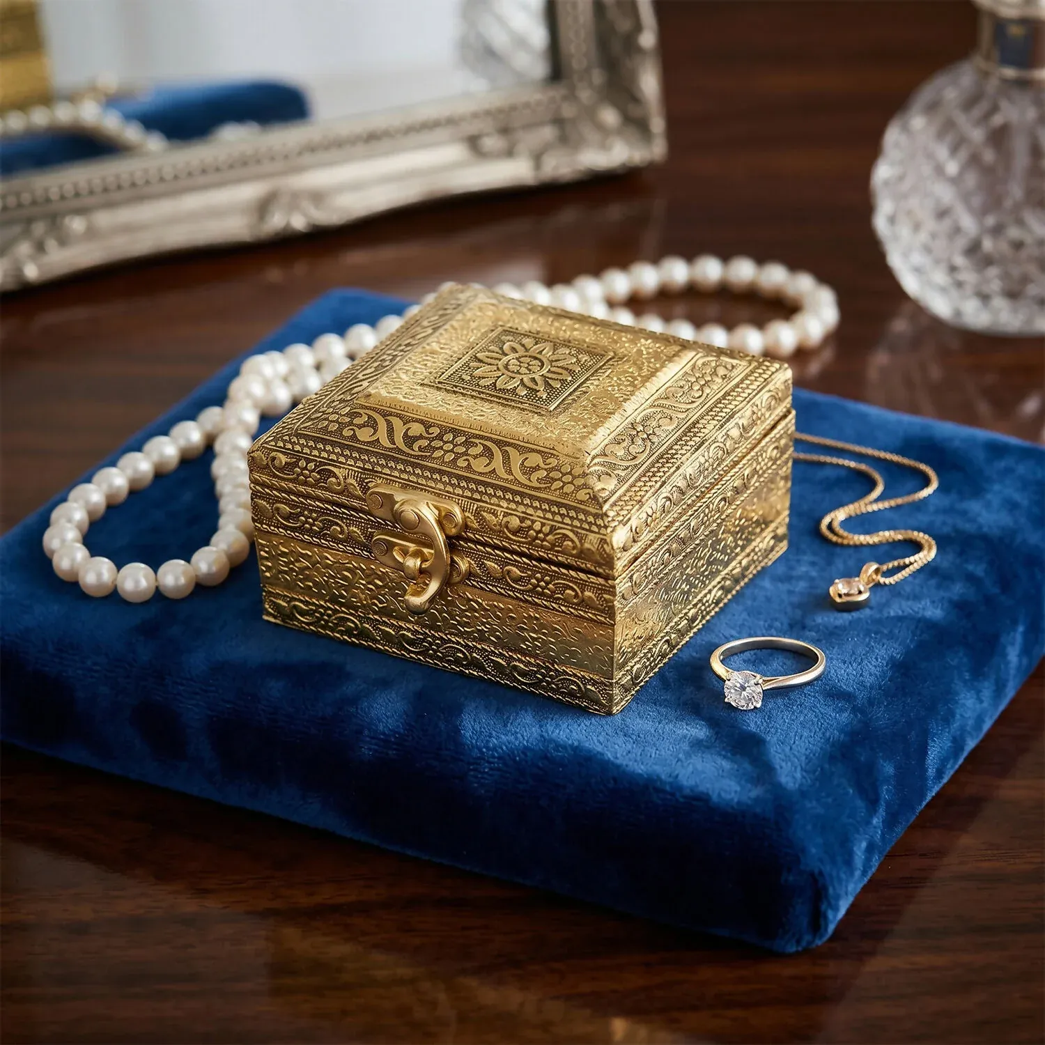 Handicraft Rexine Oxidised Golden Storage Box with Decorative Lock Design - Detailed Feature View 2