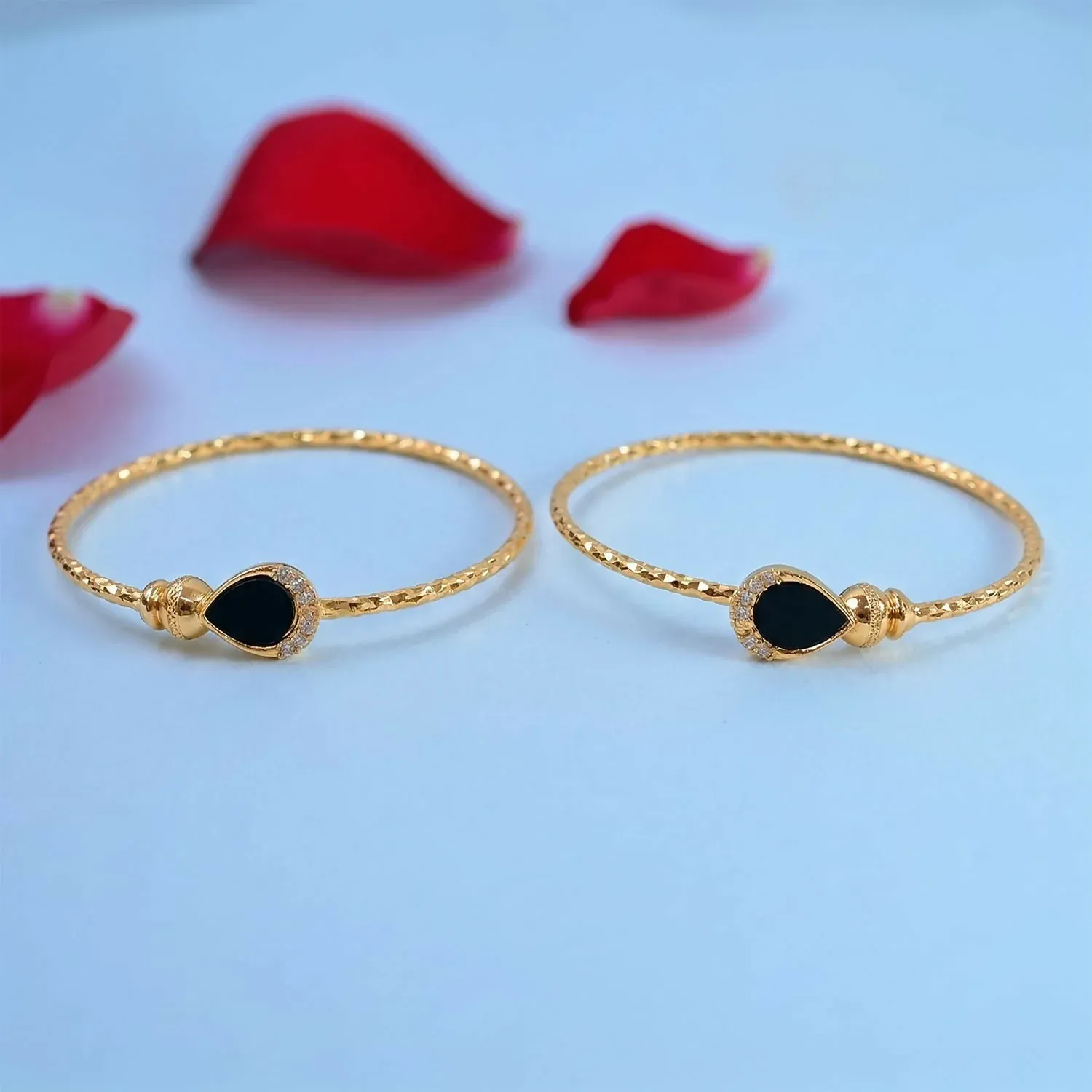 Gold Plated Black Stone Openable Kada Bracelet Pair - Detailed Feature View 2