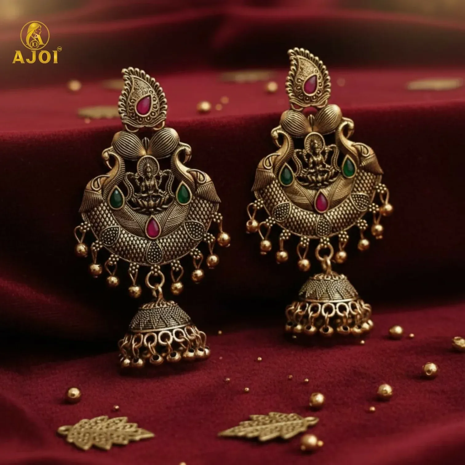 Antique Gold Plated Temple Jhumka Earrings with Lakshmi Motif - Detailed Feature View 3