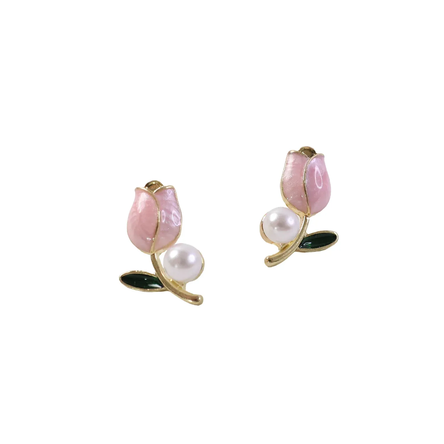 Pink Tulip Pearl Stud Earrings - Gold Plated Floral Jewelry for Women - Detailed Feature View 4