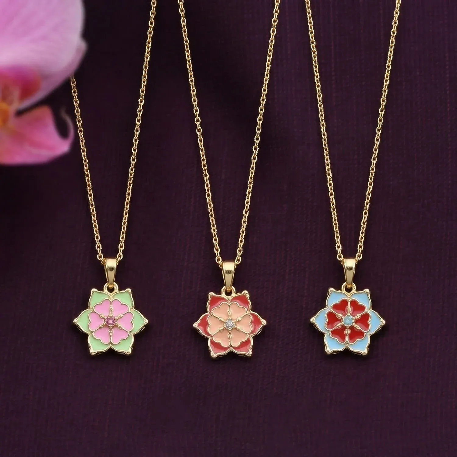 Elegant Floral Gold Pendant Necklaces with Colorful Enamel Design Combo set - Detailed Feature View 2