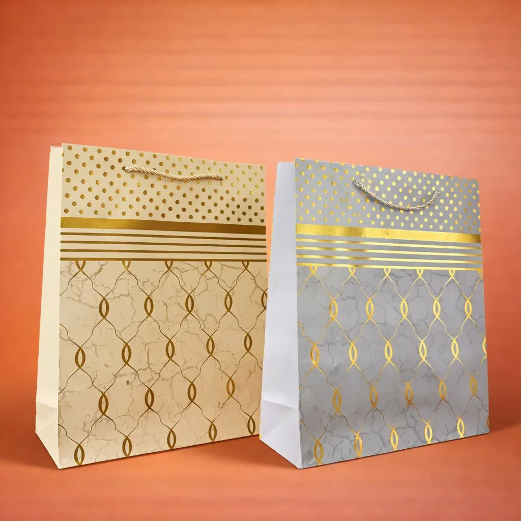 Elegant Blue & Gold Design Gift Paper Bag with Handle 1 Piece - Detailed Feature View 1