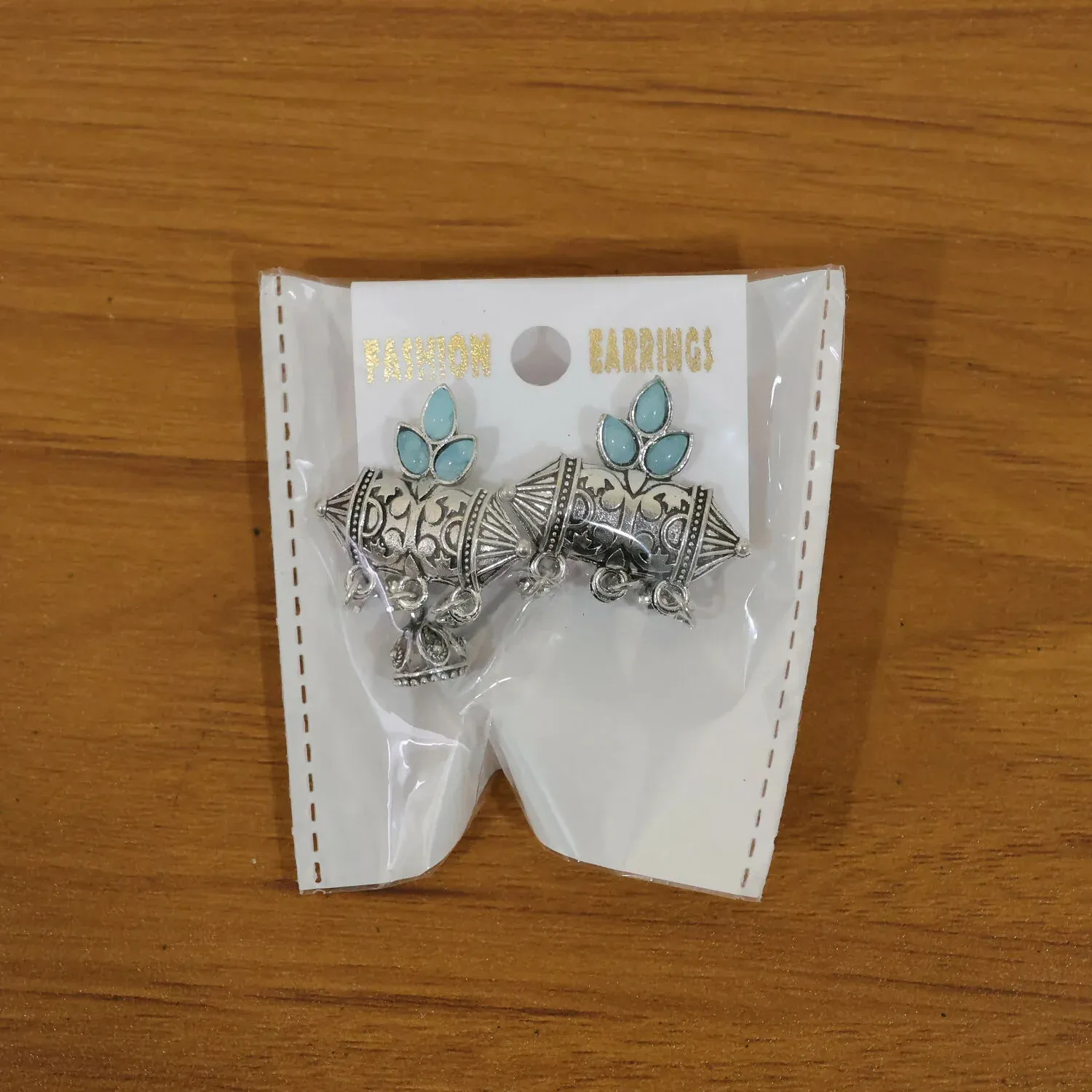 Oxidized Silver-Plated Sky Blue Leaf & Dhol Earrings with Mini Jhumka - Detailed Feature View 4