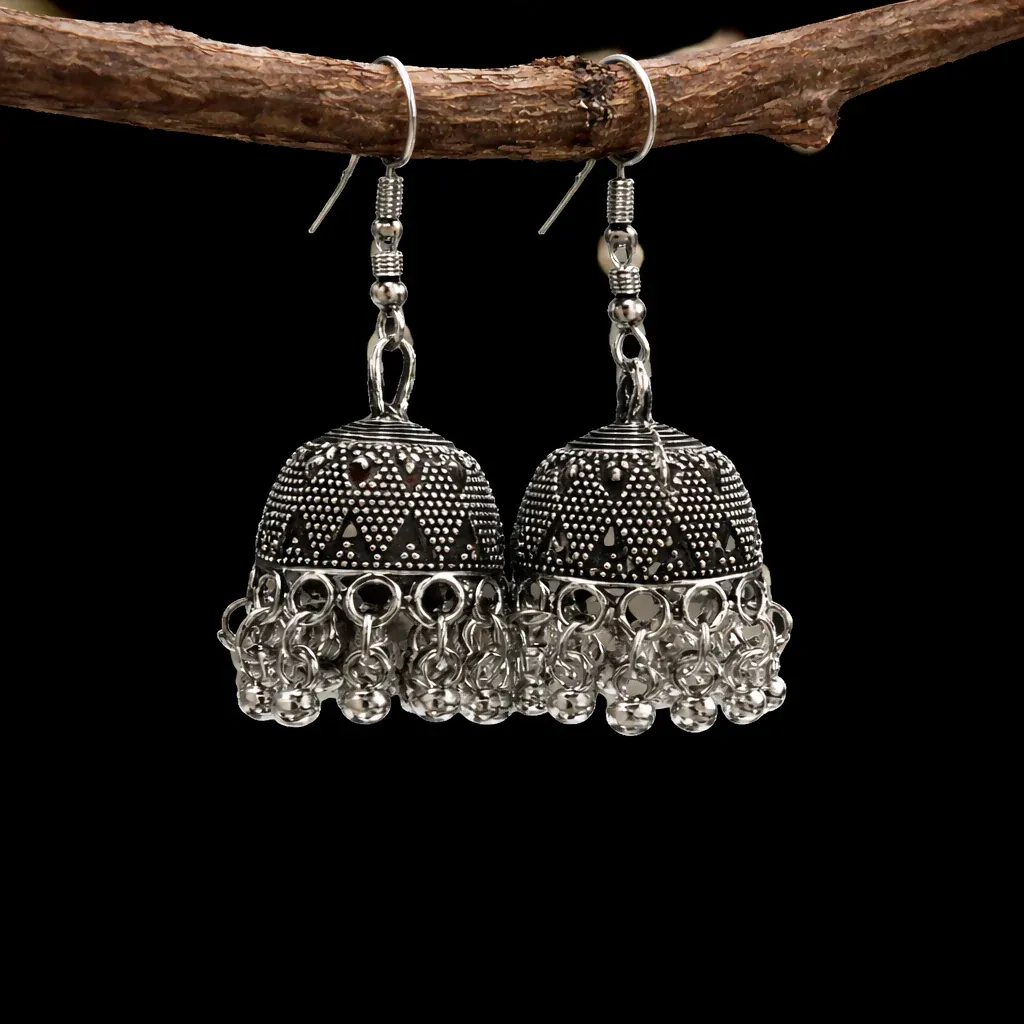 Elegant Oxidised Silver Hook Jhumka Earrings - Detailed Feature View 1