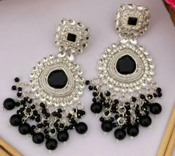 Elegant Oxidized Silver & Black Stone Chandbali Earrings