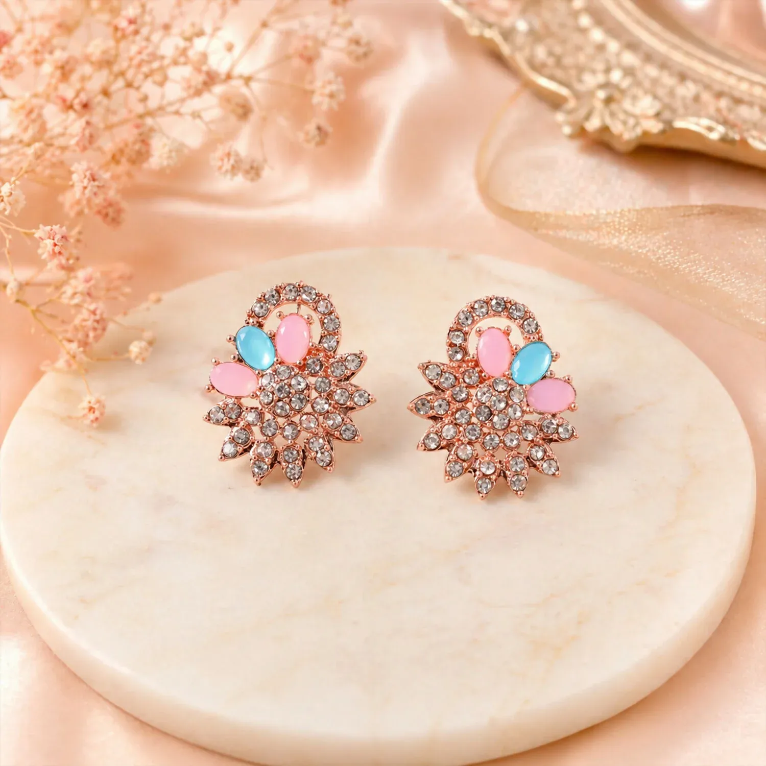 Hot Pink and Blue Stones Necklace & Earrings Set with Gold Plating - Detailed Feature View 2