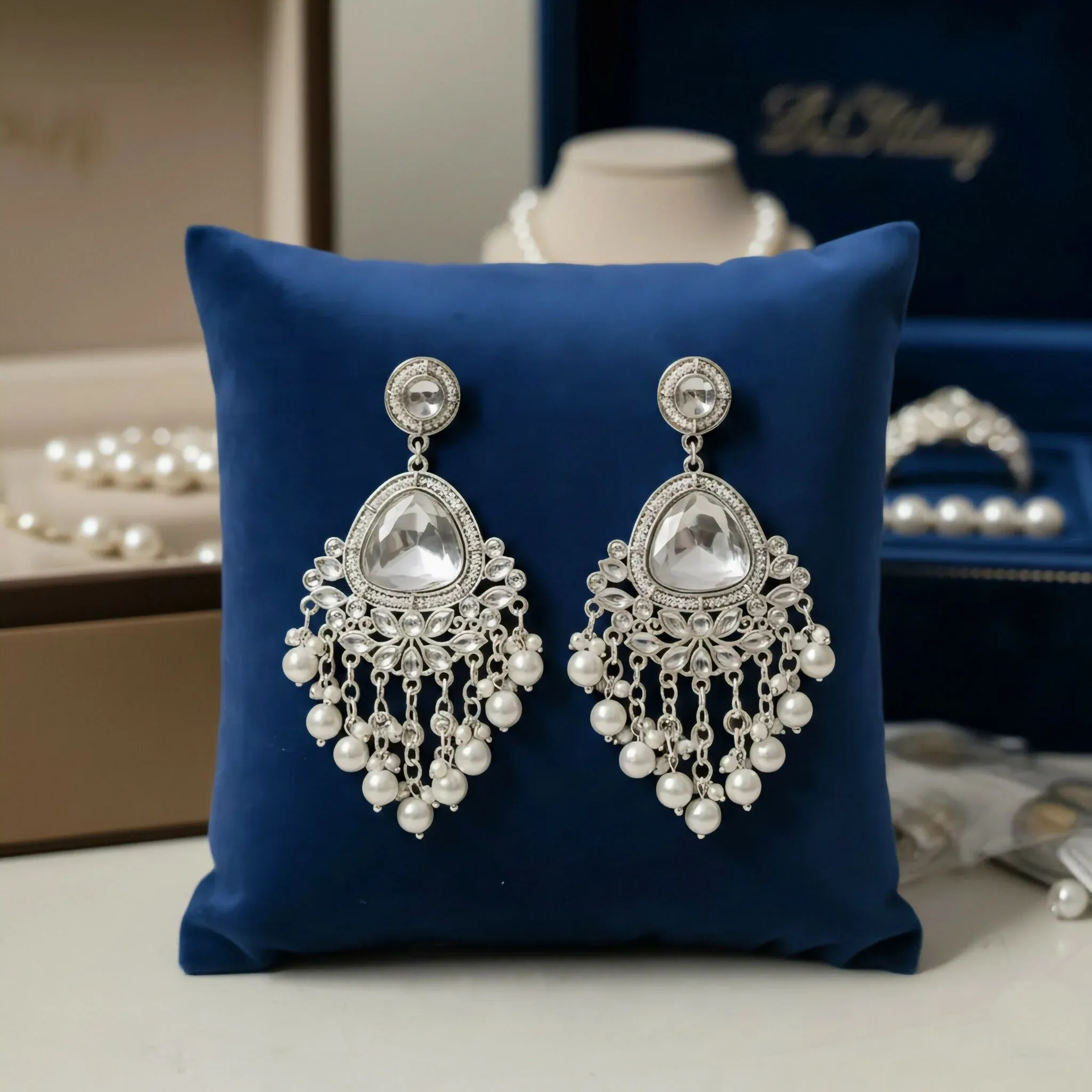 Heritage Pearl & Kundan Statement Earrings – Handcrafted Traditional Bridal Jhumkas - Detailed Feature View 2