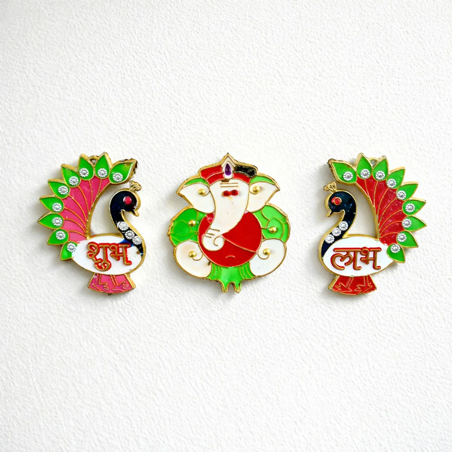Acrylic Meenakari Peacock Ganesh Shubh Labh Door Hanging – Set of 3 - Detailed Feature View 3