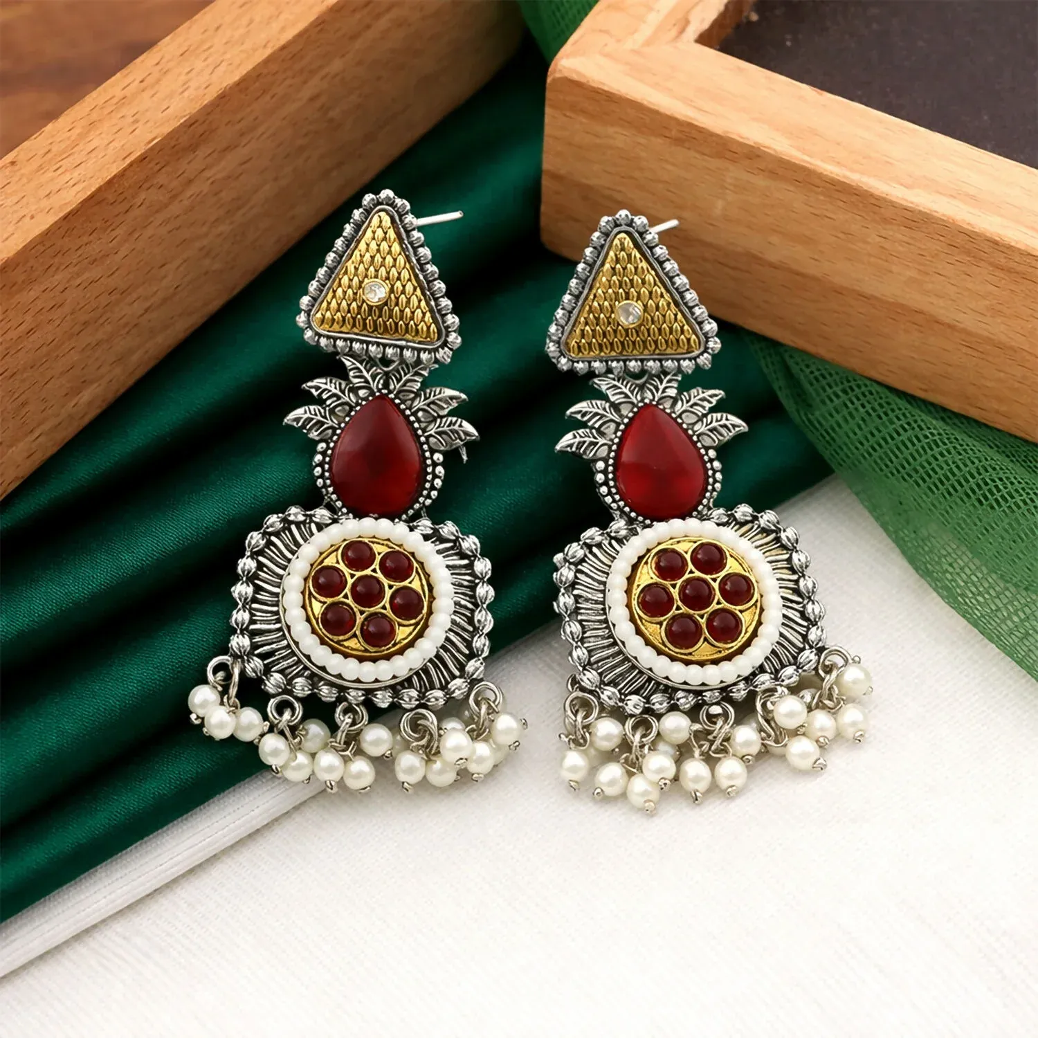 Premium Elegant Oxidized Silver Statement Earrings with Dual Tone Accents & Pearl Drops - Buy Online at Alikart