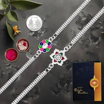 Premium Rakhi Gift Combo – 2 Floral Rakhis with Silver Coin & Greeting Card - Buy Online at Alikart