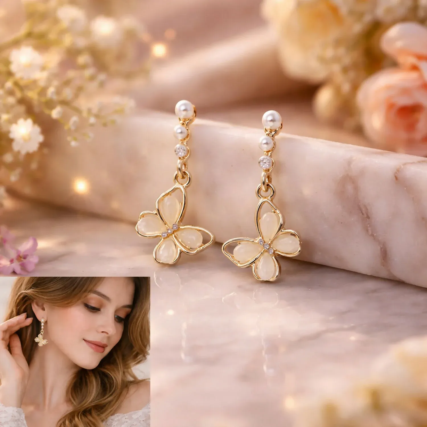 Elegant Gold Butterfly Pearl Drop Earrings with Floral Design - Detailed Feature View 2