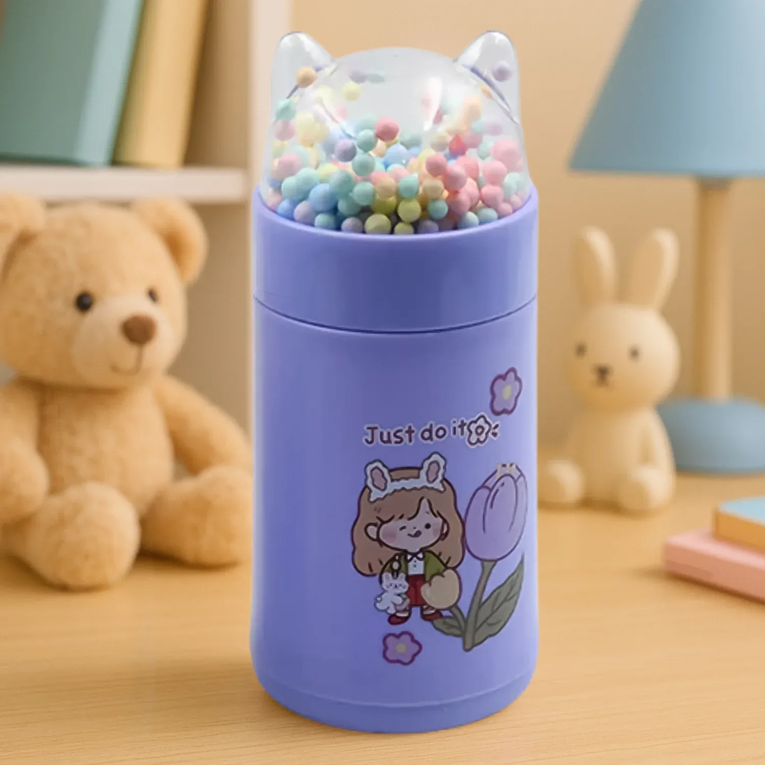 Girl's 350ml Glass Water Bottle with Cat Lid & Sparkle Strap - Detailed Feature View 1