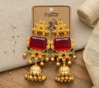 Royal Kashmiri Gold Peacock Jhumka Earrings with Ruby Red Stone & Floral Detailing