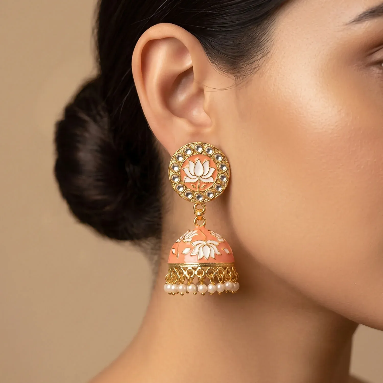 Peach Lotus Design Gold Tone Jhumka Earrings with Pearl Beads - Detailed Feature View 2