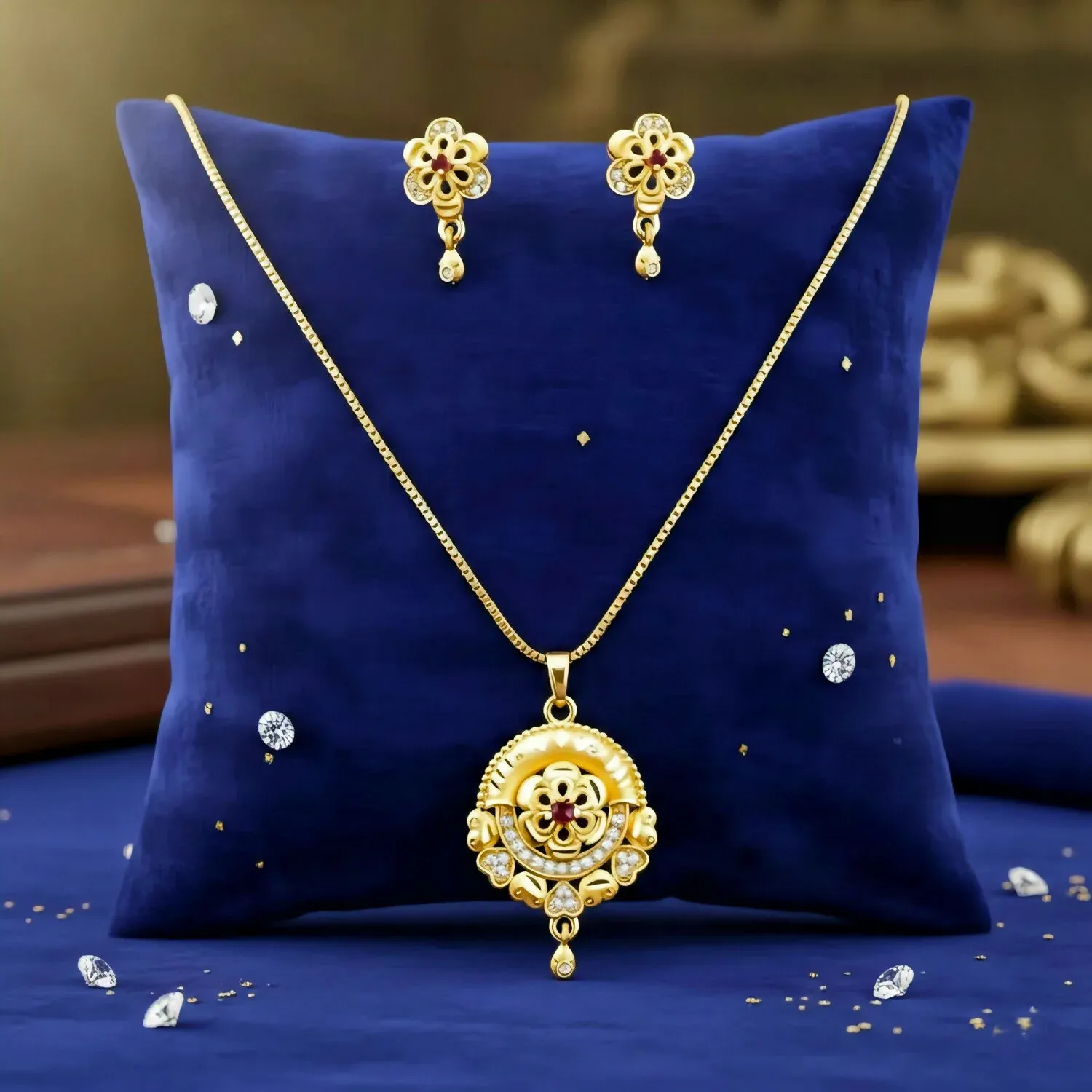 Premium Royal Bloom Jewelry Set: Gold-Tone Floral Filigree Pendant & Matching Drop Earrings set,pendant set - Buy Online at Alikart