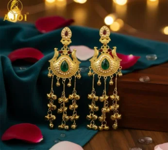 Traditional Kashmiri Gold-Plated Jhumka Earrings with Green Stone & Ghungroo Drops