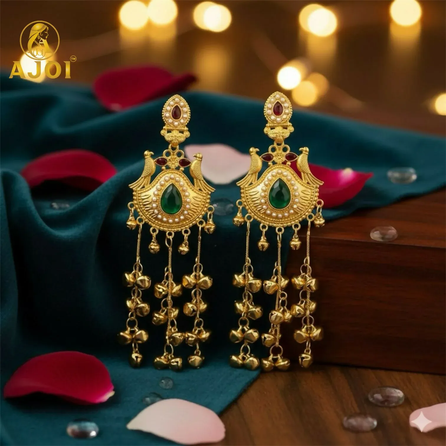 Premium Traditional Kashmiri Gold-Plated Jhumka Earrings with Green Stone & Ghungroo Drops - Buy Online at Alikart