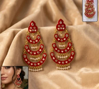 Red Layered Chandbali Earrings with Pearls for Women